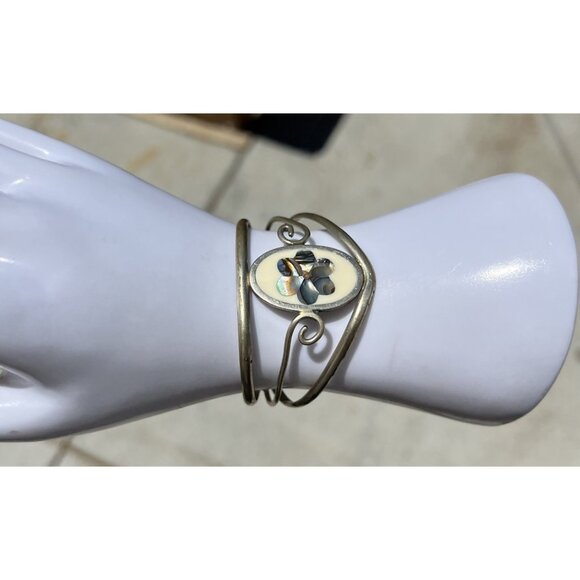 Vintage Alpaca Mexico Silver Purple Abalone Flower Inlay Hinged Cuff Bracelet 6” - Picture 1 of 10